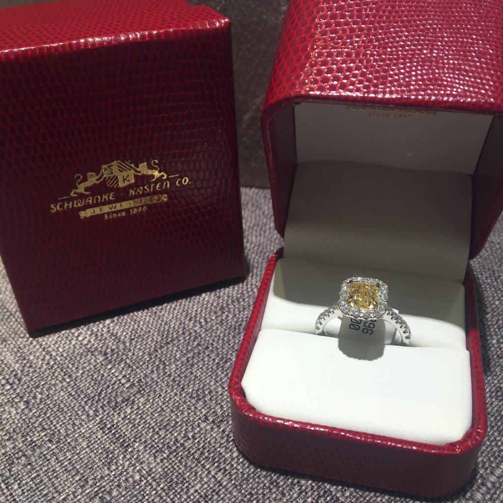 natural yellow diamond ring with red Schwanke-Kasten Jewelers box