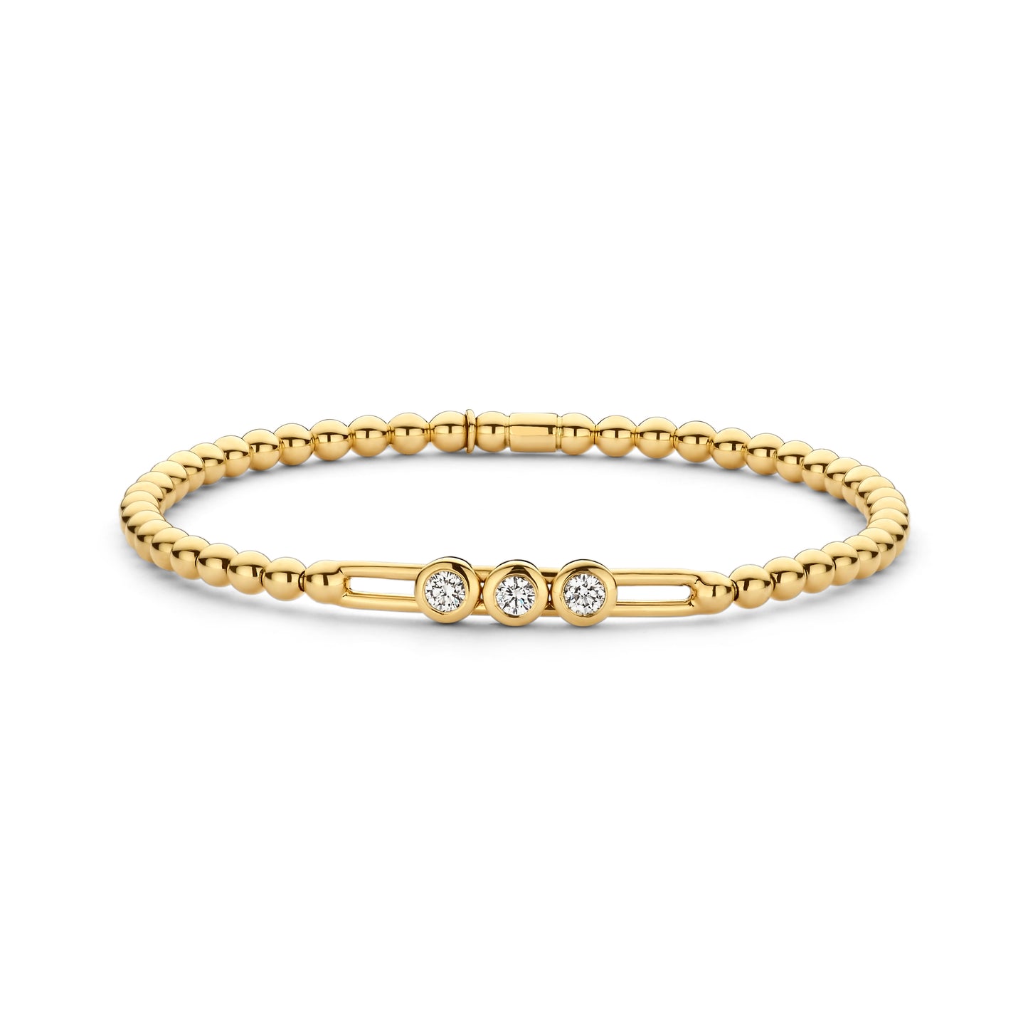 three diamond sliders on a 3mm yellow gold beaded stretch bracelet