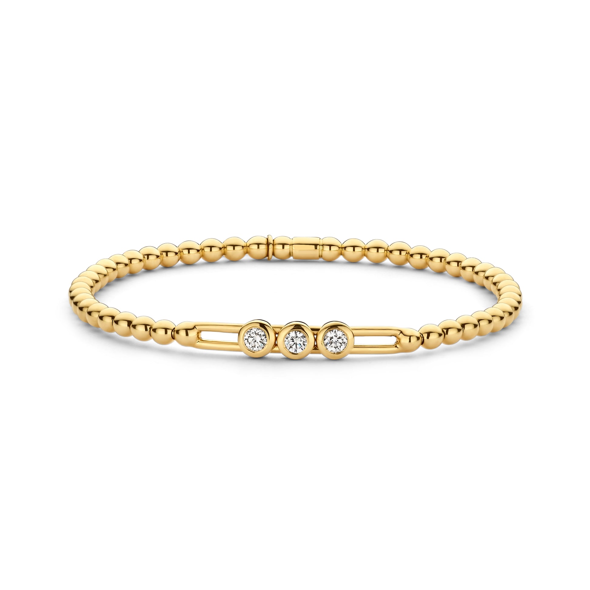 three diamond sliders on a 3mm yellow gold beaded stretch bracelet