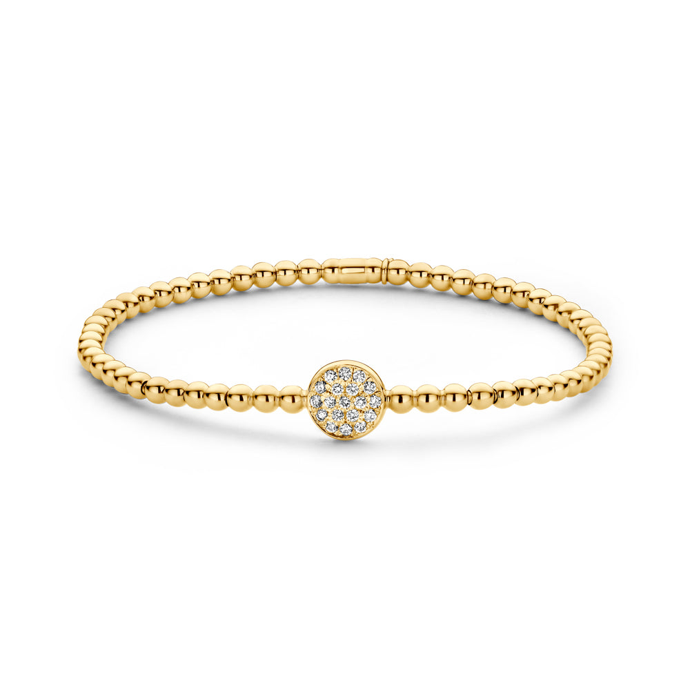 Yellow gold 3mm bead stretch bracelet with pave diamond circle station.