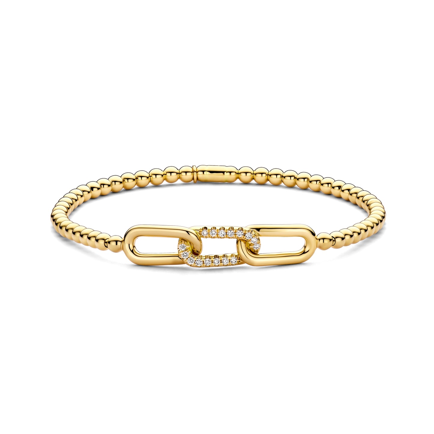 hulchi belluni tresore three link motif bracelet in yellow gold. 3mm beads
