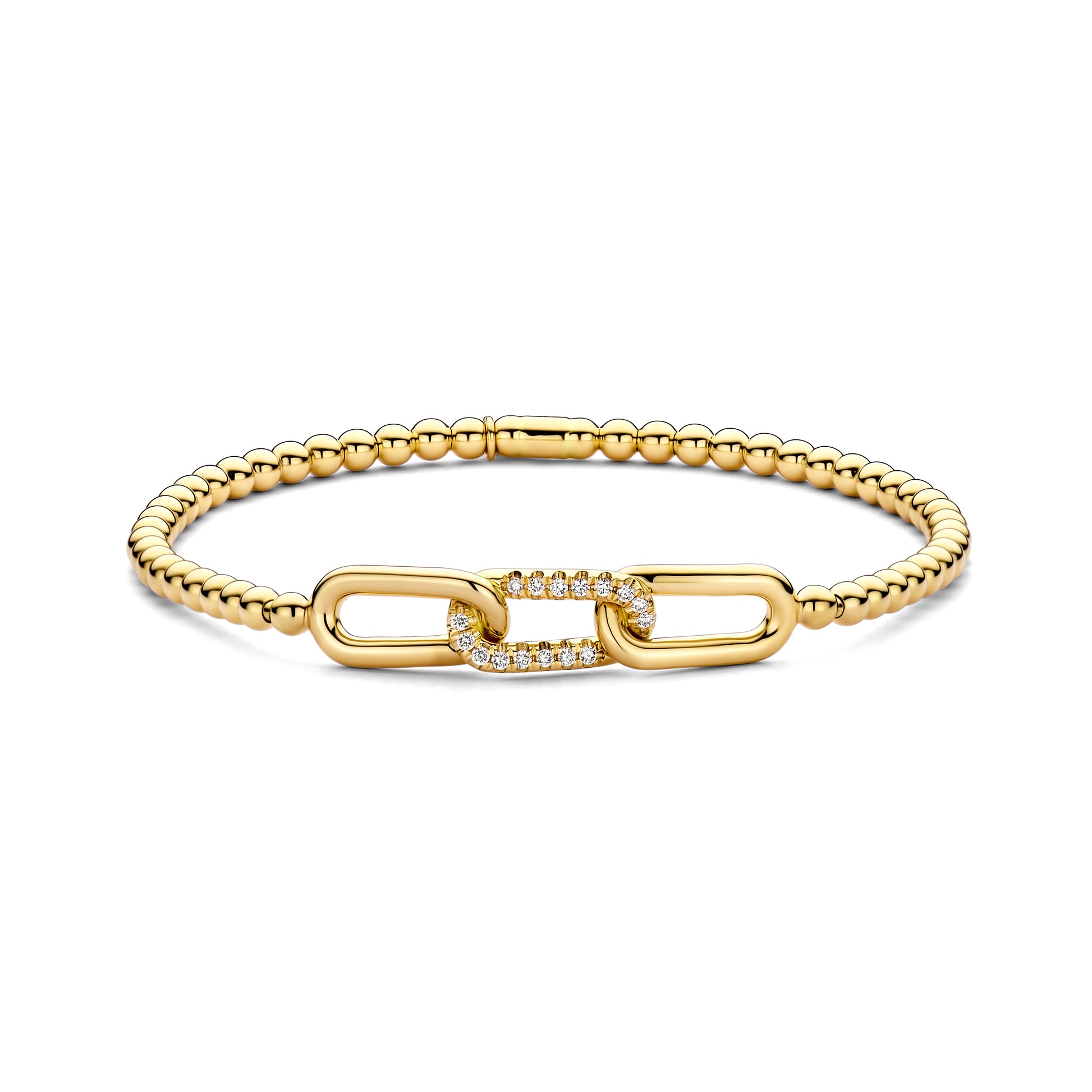 hulchi belluni tresore three link motif bracelet in yellow gold. 3mm beads