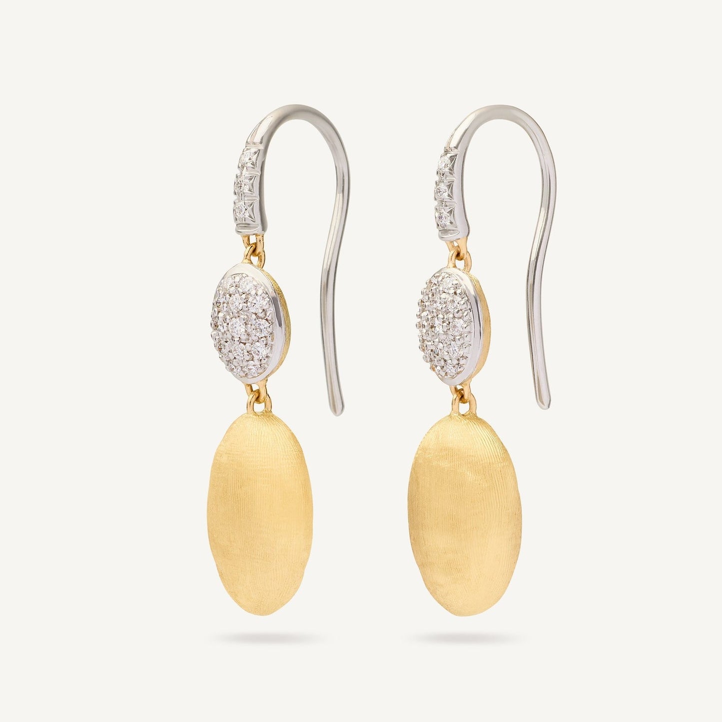 Siviglia Double Diamond Drops in 18ct yellow and white gold, with french hook, pave set diamonds. Marco Bicego