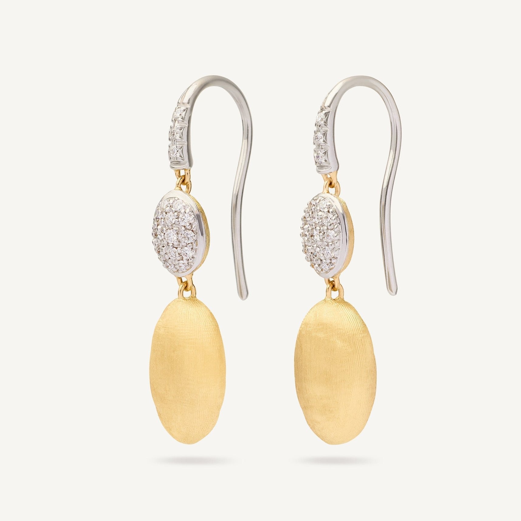 Siviglia Double Diamond Drops in 18ct yellow and white gold, with french hook, pave set diamonds. Marco Bicego