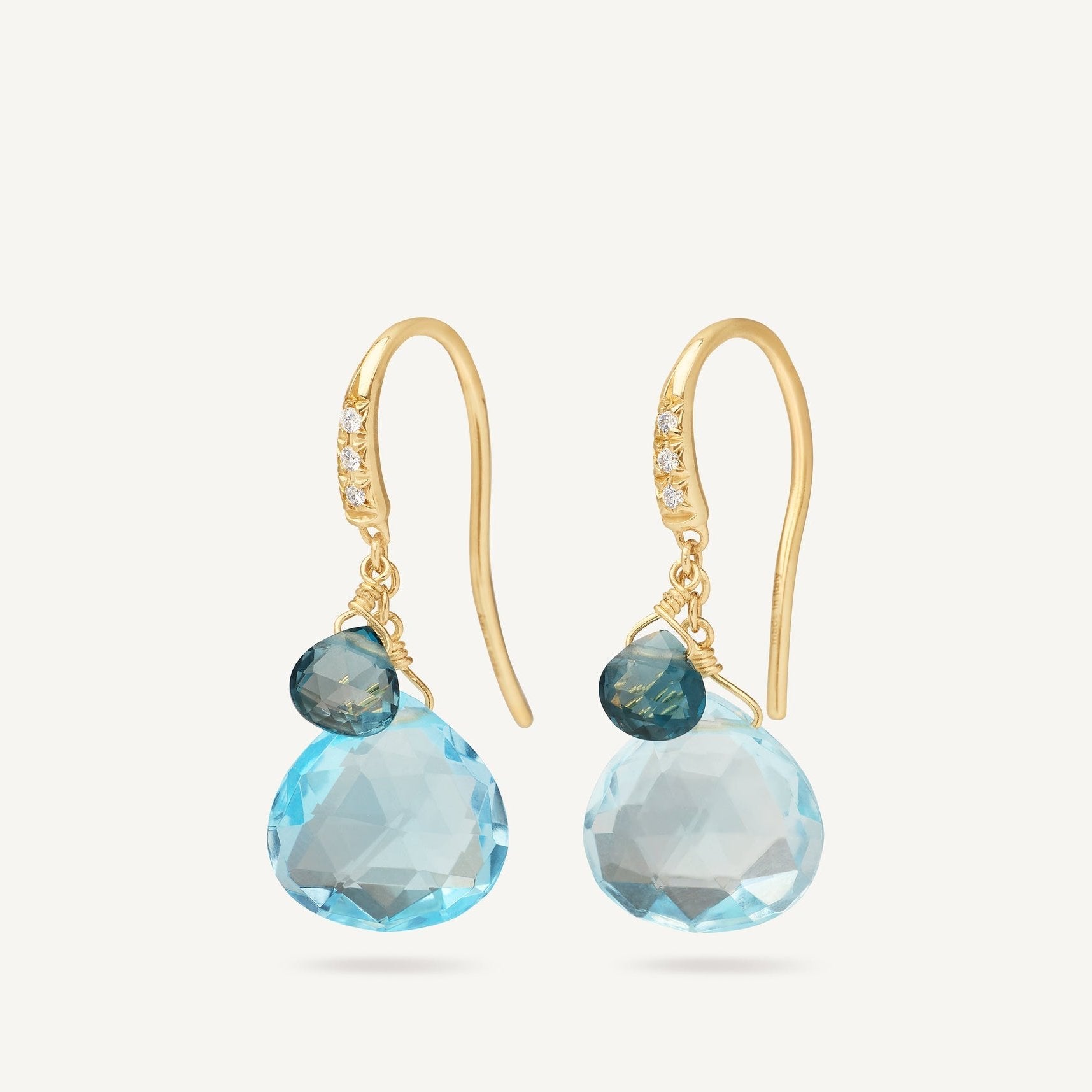 1.1" Marco Bicego Paradise Collection Blue Topaz Drop earrings with diamonds on french hook in 18ct yellow gold at Schwanke-Kasten Jewelers 4OB1955-AB_TP01_Y_02