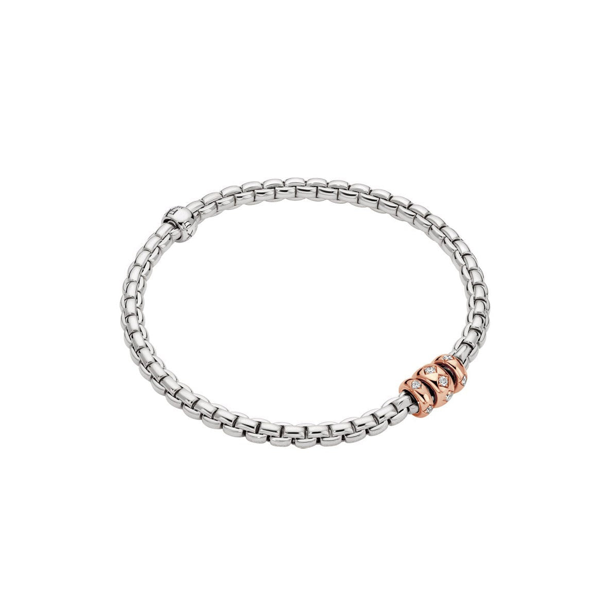 White gold bracelet with rose gold accents on a white background