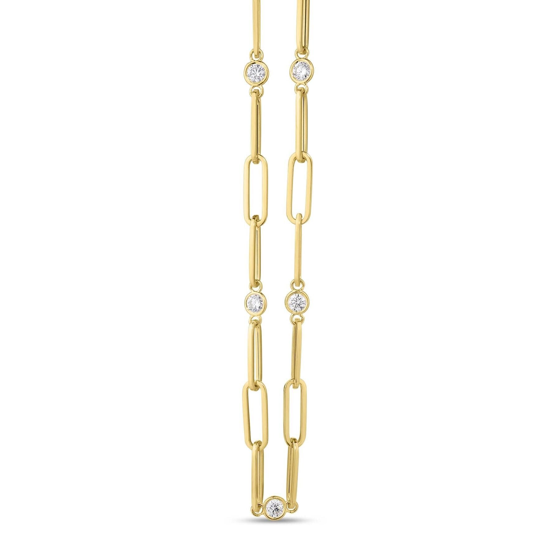 Designer Gold Diamond & Paperclip Necklace in yellow gold by Roberto Coin close up