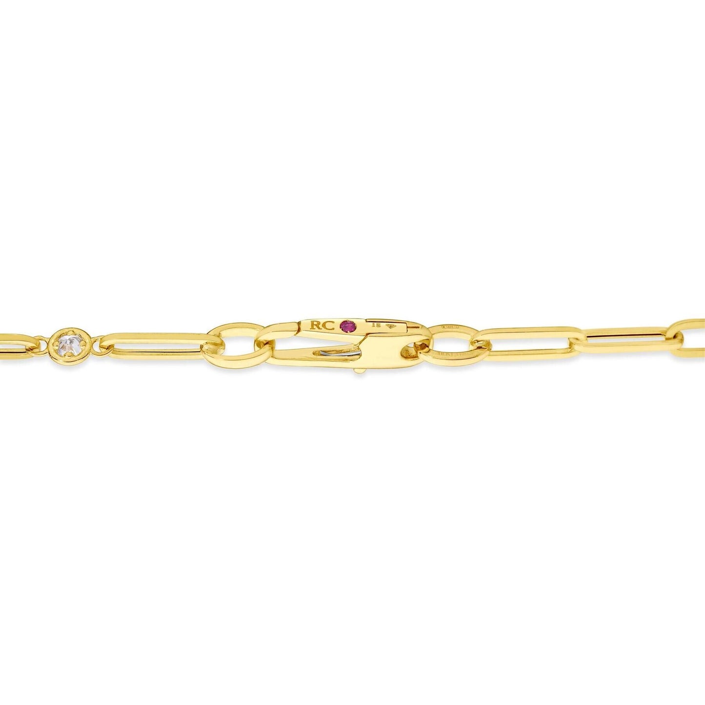 Roberto Coin 18k designer gold diamond station and paperclip link bracelet, 7" close up of clasp