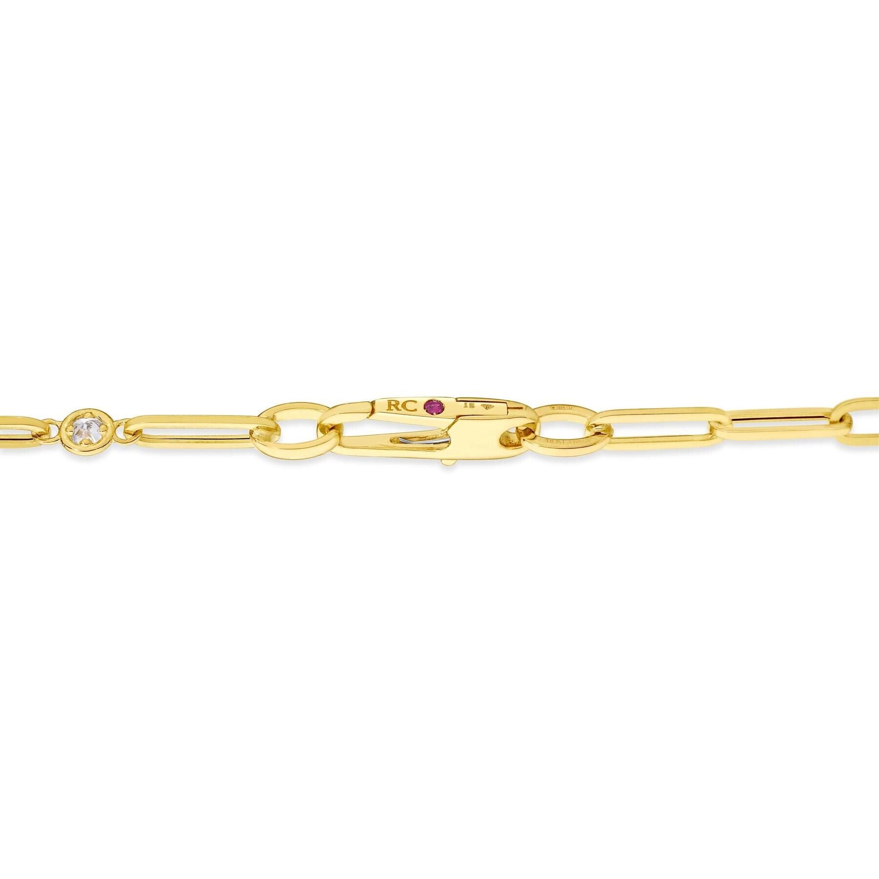 Roberto Coin 18k designer gold diamond station and paperclip link bracelet, 7" close up of clasp