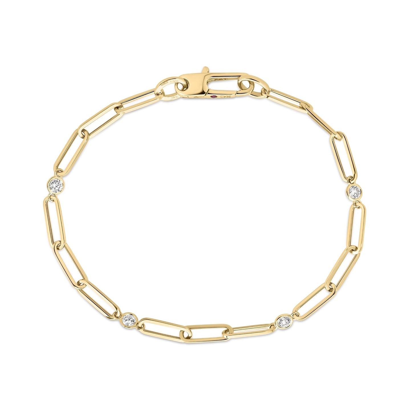 Roberto Coin 18k designer gold diamond station and paperclip link bracelet, 7"