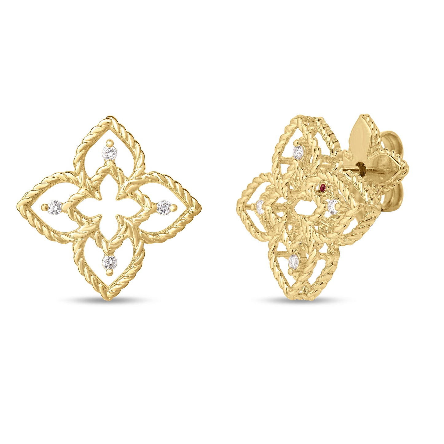 Petite Yellow Gold outline Roberto Coin Princess Studs with 4 diamond accents each