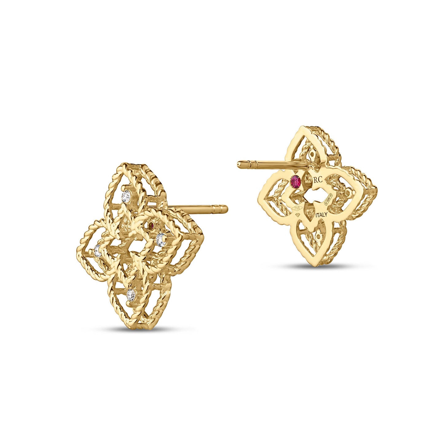 Petite Yellow Gold outline Roberto Coin Princess Studs with 4 diamond accents each side profiles