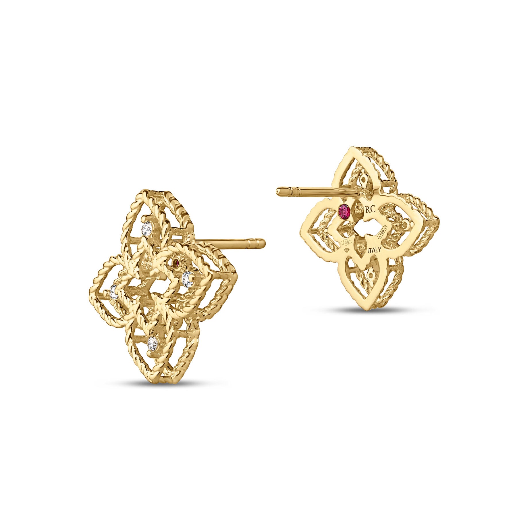 Petite Yellow Gold outline Roberto Coin Princess Studs with 4 diamond accents each side profiles