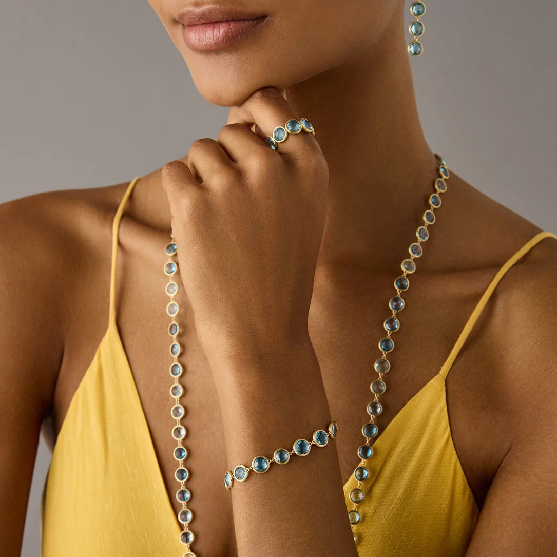 A close-up of a model wearing a matching jewelry set featuring a necklace, bracelet, and ring with round blue topaz stones in gold settings, paired with a yellow top against a neutral gray background.