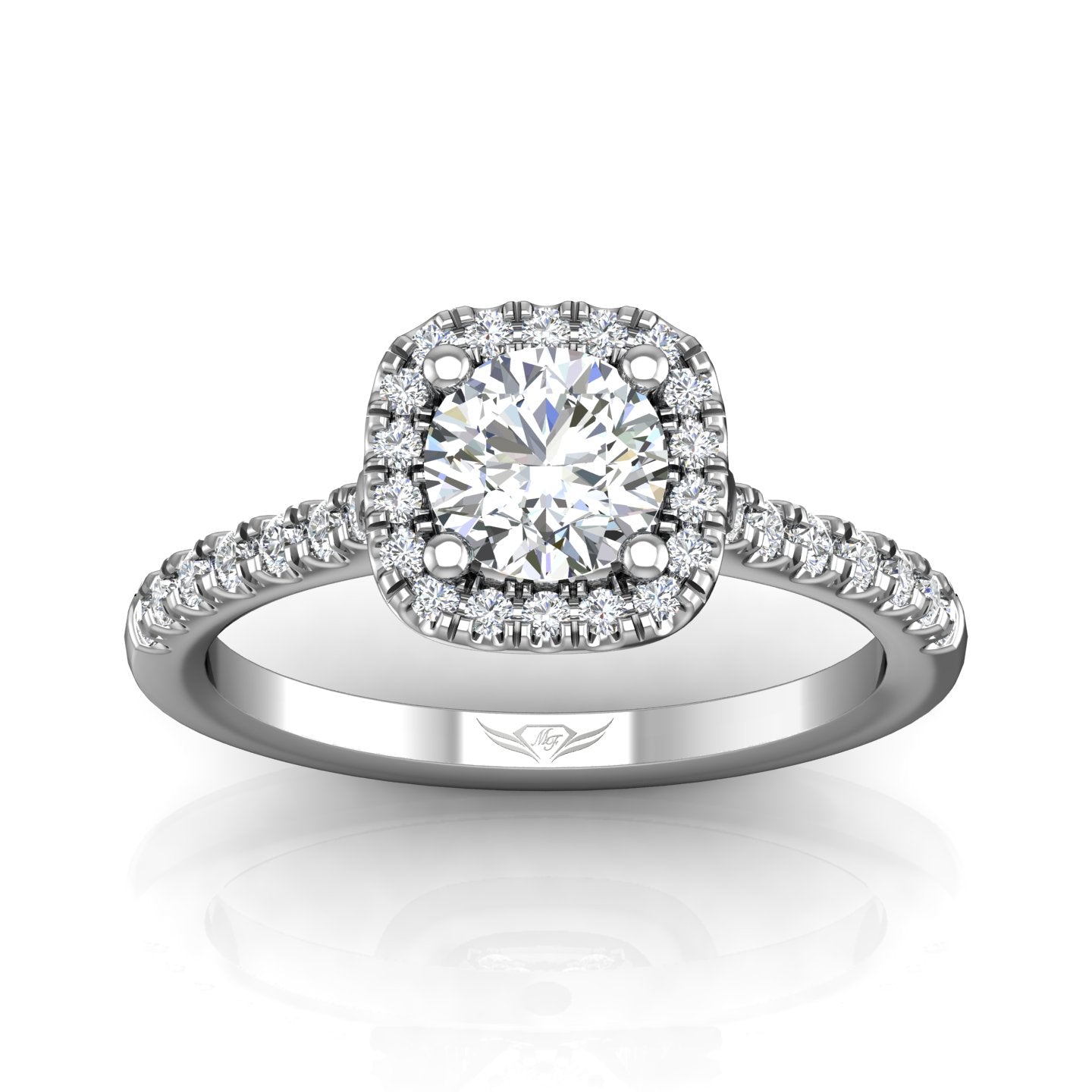 FlyerFit 14k White Gold Round Brilliant Cut Diamond Engagement Ring with Micropave Set Diamond Halo and Side Stones made by Martin Flyer