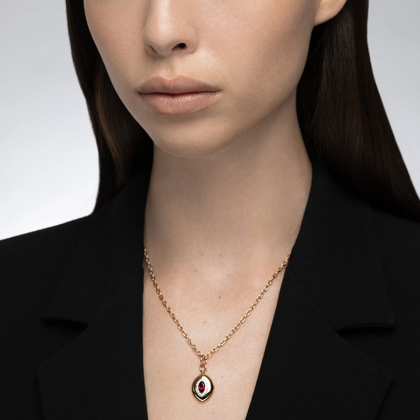 Heirloomed Marquise Ruby Pendant on model