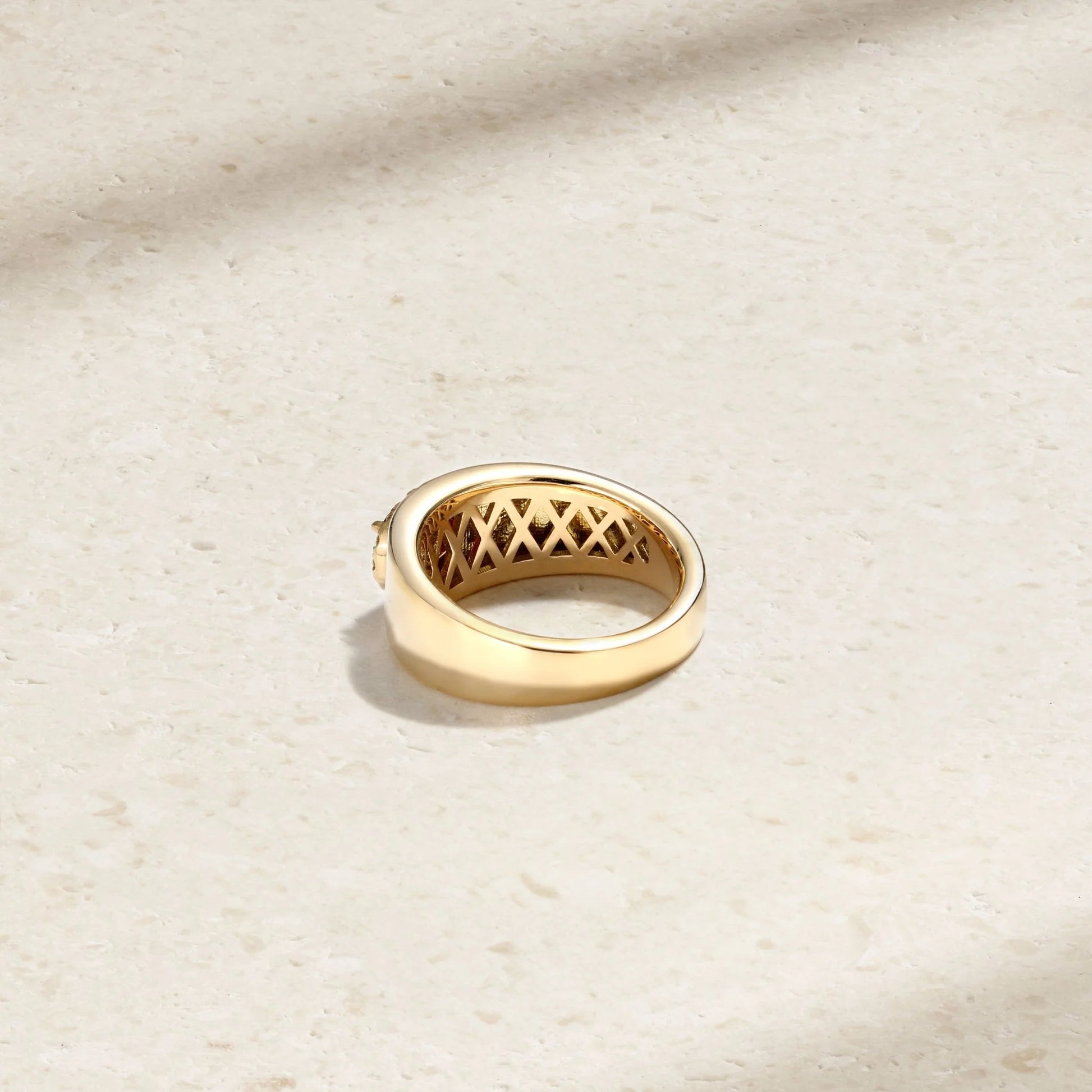 Mark Henry Heirloomed Oval-Cut Sapphire (1.02ct) Cigar Band (18ct yellow gold, size 6.5) with .12ctw diamond halo at Schwanke-Kasten Jewelers (RM5574) back