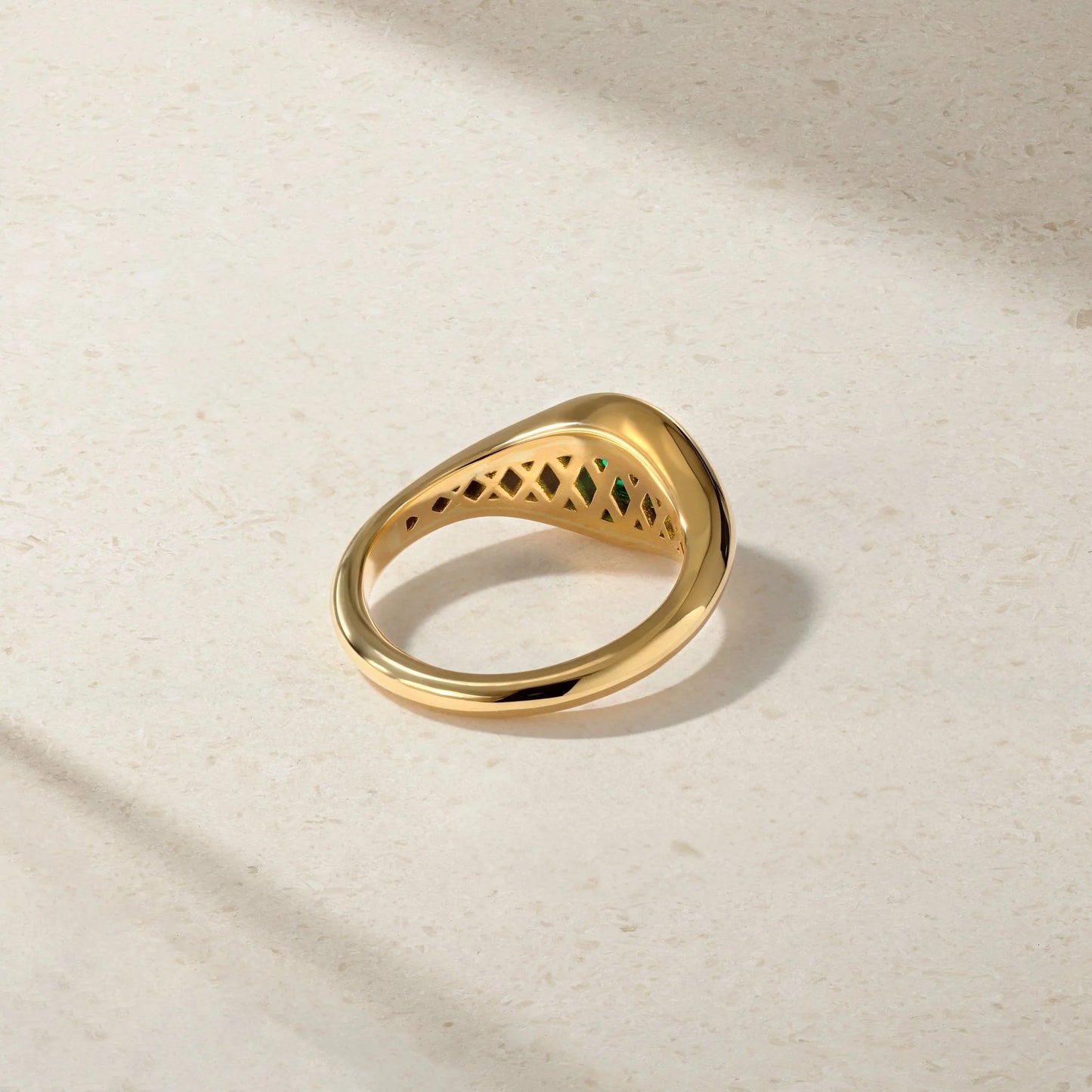 Underside of Mark Henry Chunky Slim Emerald (.55ct) Signet Ring in 18ct yellow gold, size 6.5 available at Schwanke-Kasten Jewelers in Milwaukee, WI.