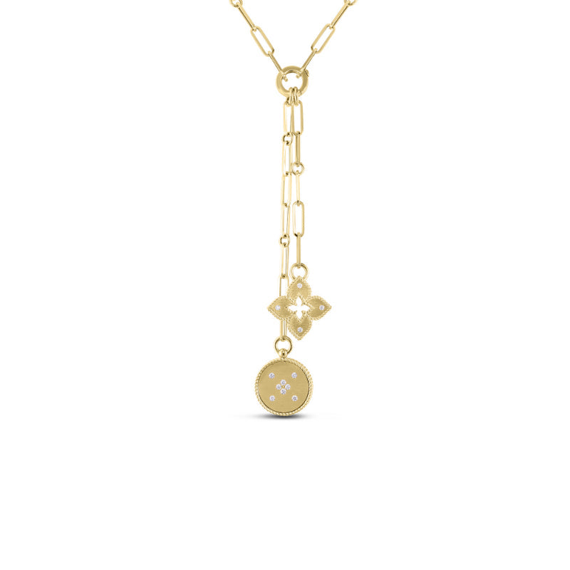 Roberto Coin 18k Yellow Gold Venetian Princess Double Medallion Diamond Necklace W/ 15In Chain