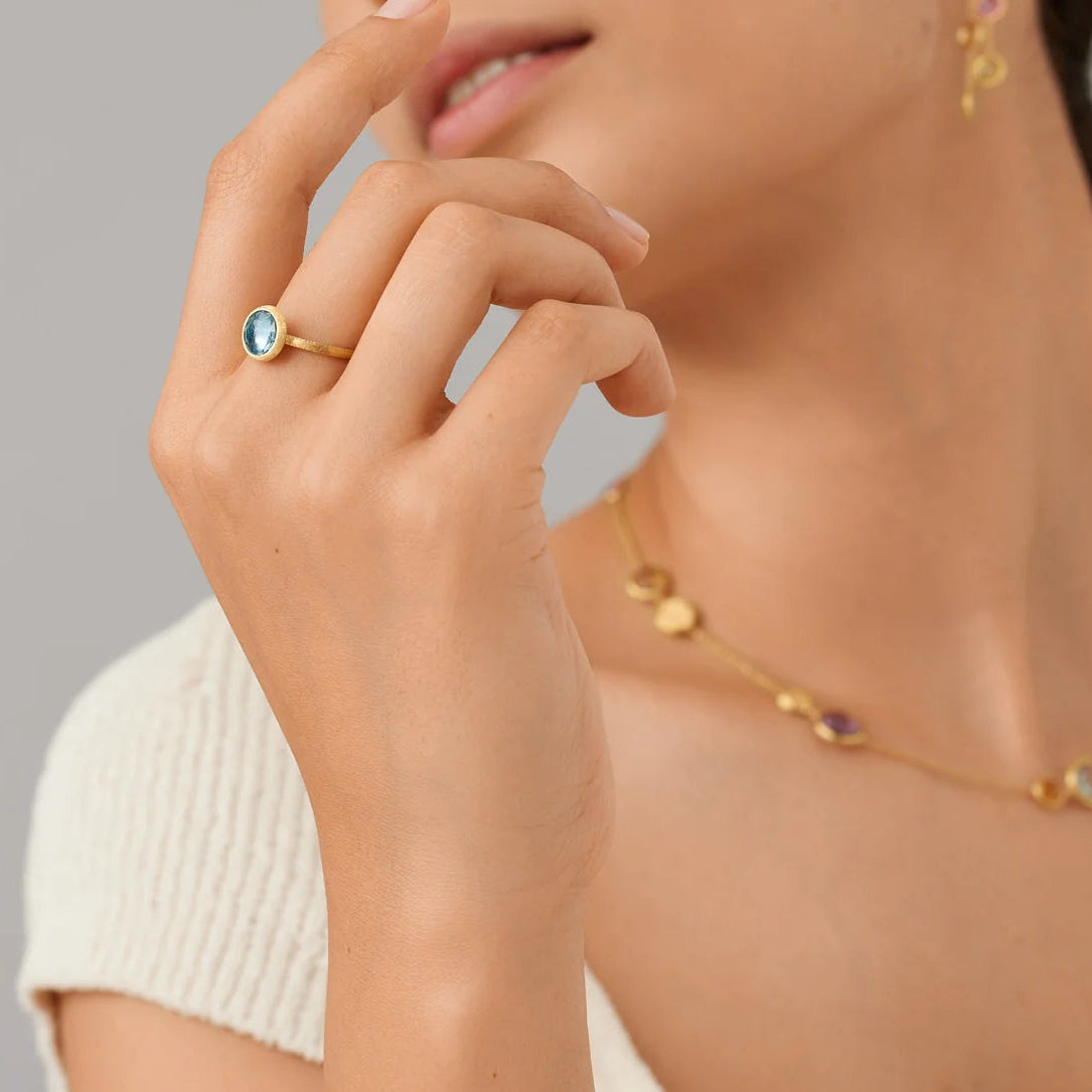 A close-up lifestyle shot of a model wearing a gold ring with a round blue topaz gemstone on her finger, paired with a matching gold necklace and earring against a neutral gray background.