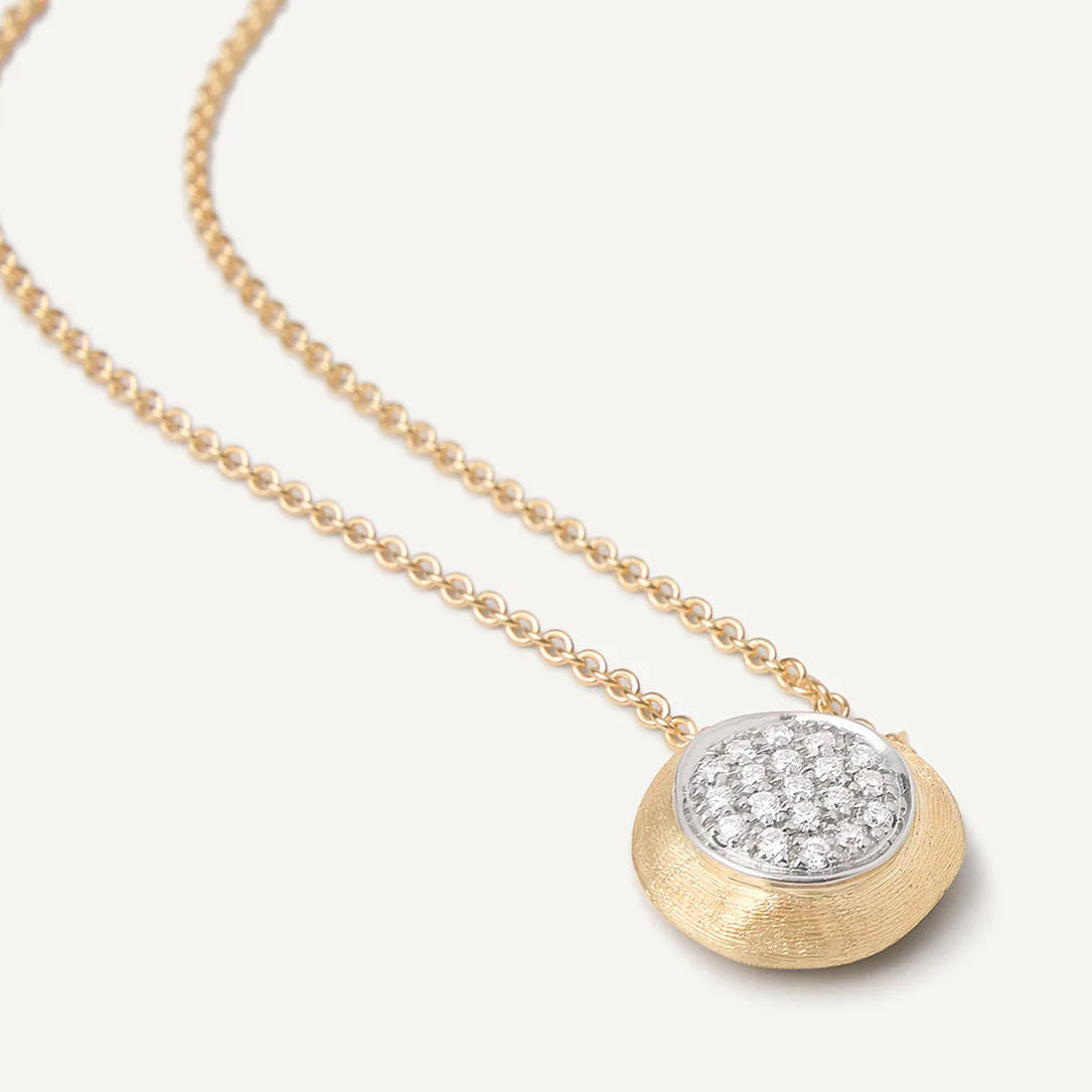 Gold necklace with a round pendant on a white background