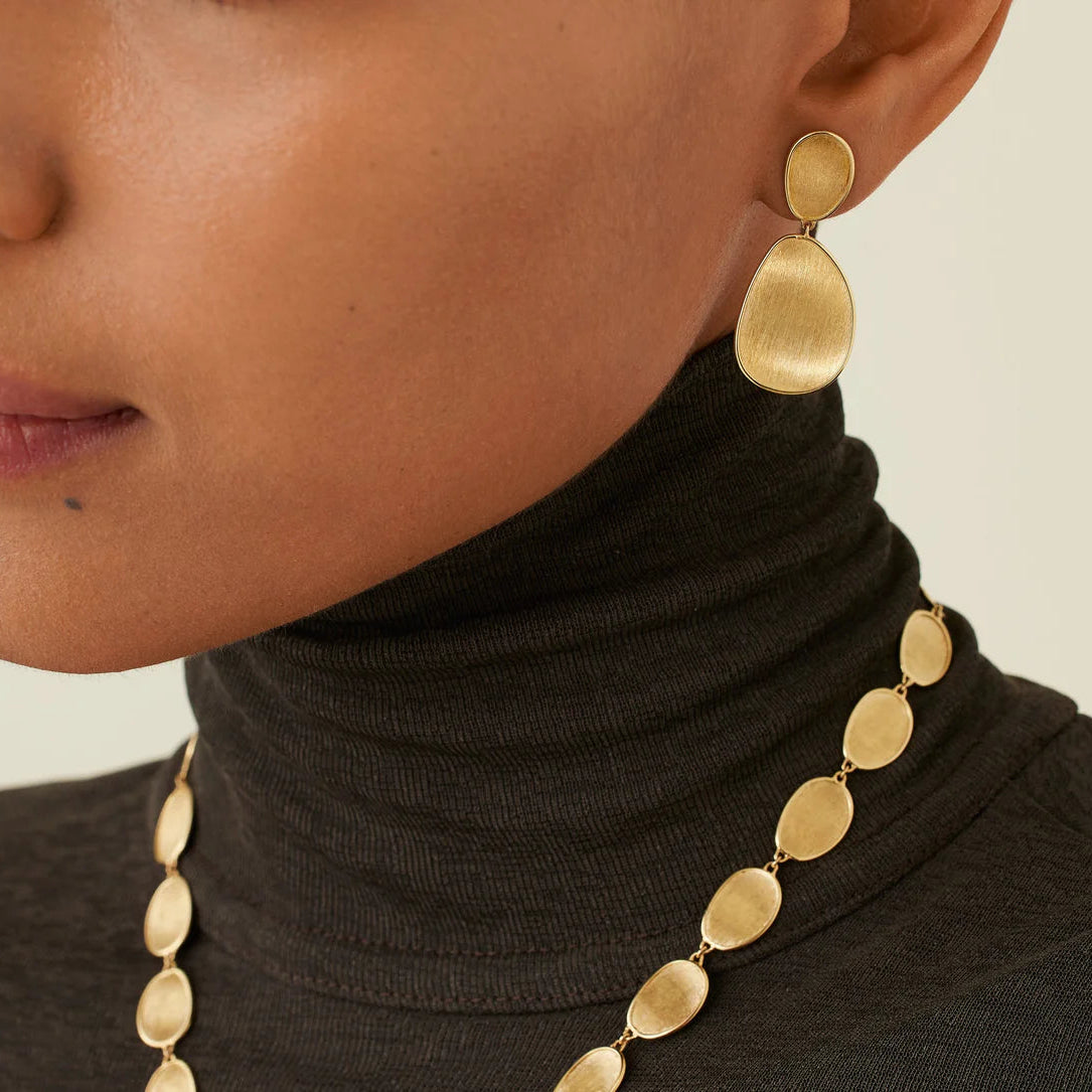 Marco Bicego Lunaria Small Double Drop Hoops in Brushed yellow gold on model