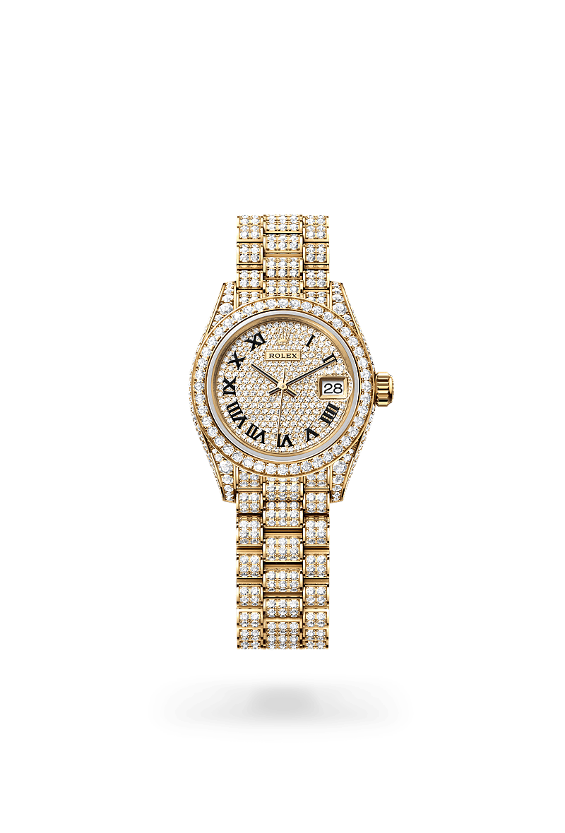 rolex Lady-Datejust in 18 kt yellow gold with case sides and lugs set with diamonds,  - Schwanke-Kasten Jewelers