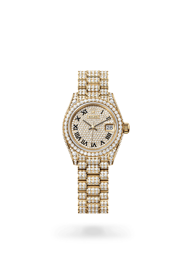 rolex Lady-Datejust in 18 kt yellow gold with case sides and lugs set with diamonds, M279458RBR-0001 - Schwanke-Kasten Jewelers