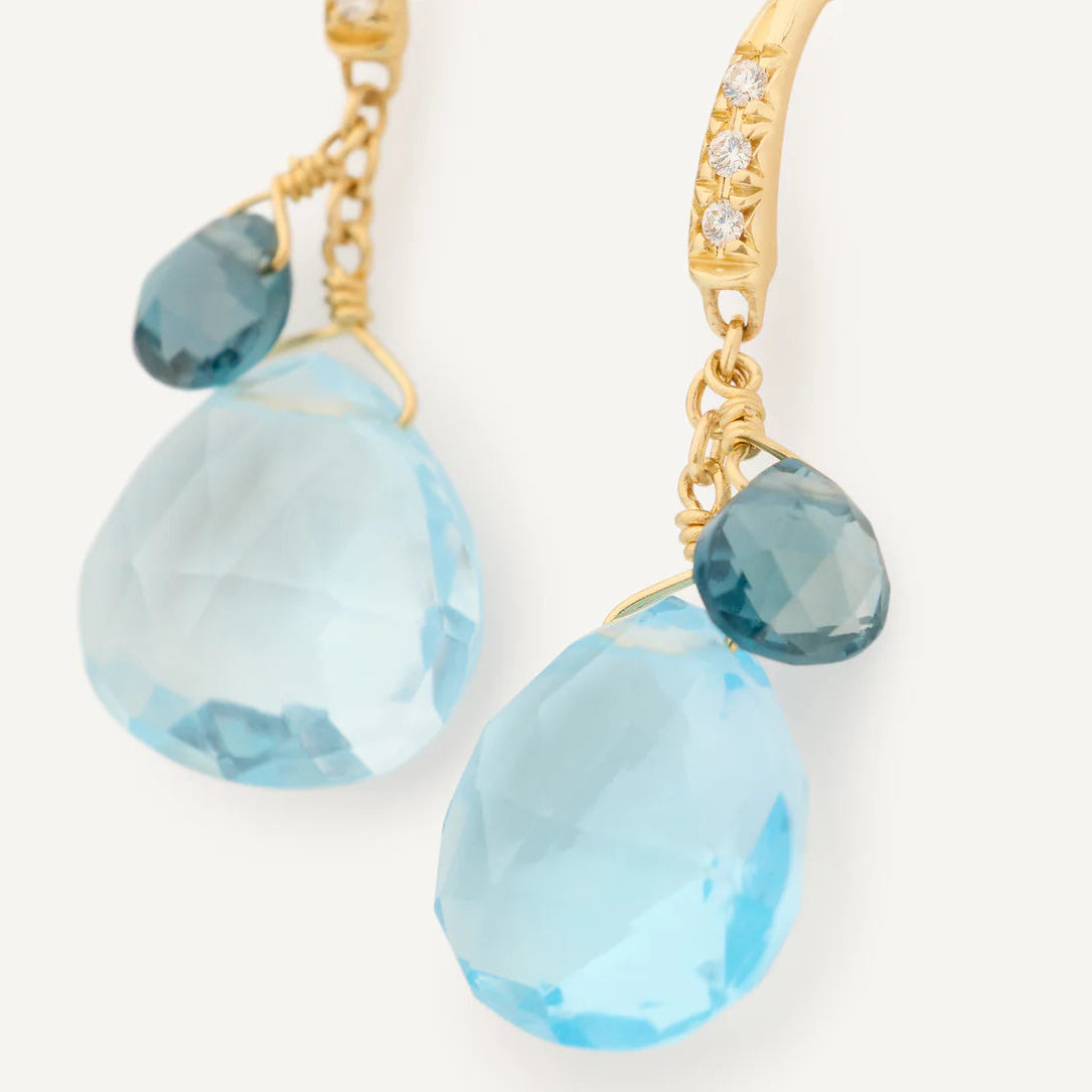 1.1" Marco Bicego Paradise Collection Blue Topaz Drop earrings with diamonds on french hook in 18ct yellow gold at Schwanke-Kasten Jewelers 4OB1955-AB_TP01_Y_02 details