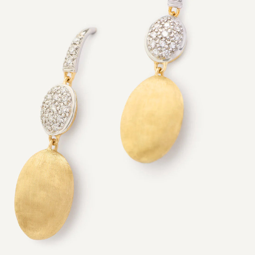 Siviglia Double Diamond Drops in 18ct yellow and white gold, with french hook, pave set diamonds by Marco Bicego close up details