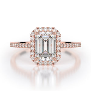 Calliope Engagement Ring - Emerald Cut - Solitaire - Diamond Halo - Rose Gold