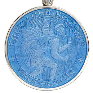 French Blue Sterling Silver St. Christopher Medal Pendant Necklace