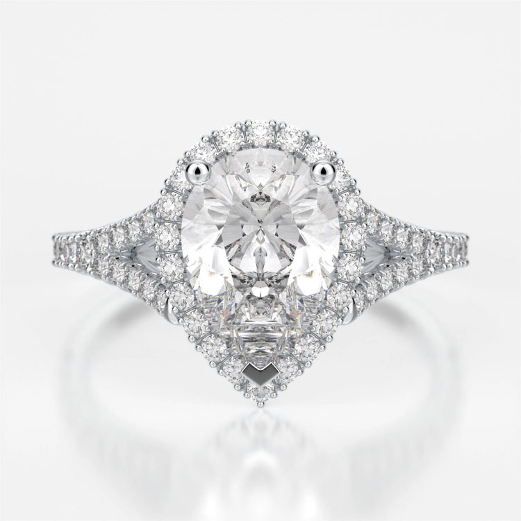 Adrianna Engagement Ring Mounting - Diamond Halo, Split Shank, Pear Cut Center Stone, Yellow Gold