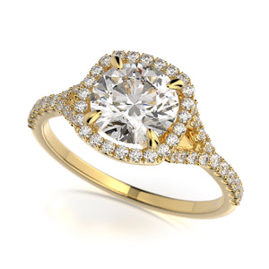 Adrianna Engagement Ring Mounting - Diamond Halo, Split Shank, Round Center Stone, Yellow Gold